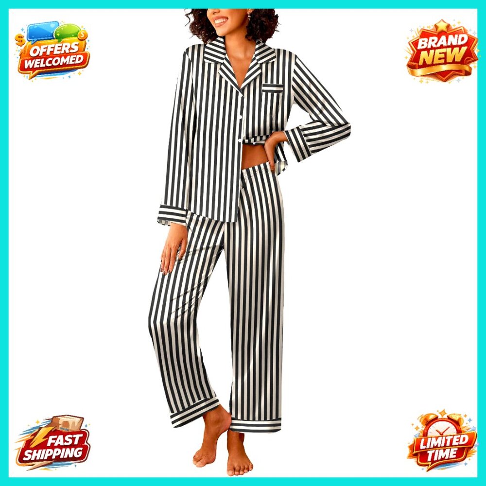 Silk Satin Pajama Set Long Sleeve Button Down Top and Pants S-XXL